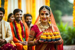 a bride in traditional indian attire holding a tray of food. AI-Generated photo