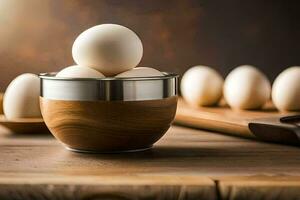 eggs in a bowl on a wooden table. AI-Generated photo