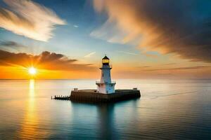 a lighthouse is shown at sunset with a long exposure. AI-Generated photo