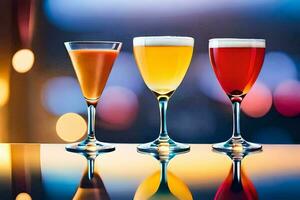 three glasses of different colored drinks on a table. AI-Generated photo