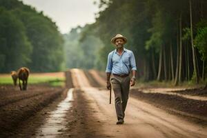 a man in a hat walks down a dirt road with cows. AI-Generated photo