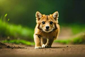 un pequeño marrón perro corriendo en un suciedad la carretera. generado por ai foto