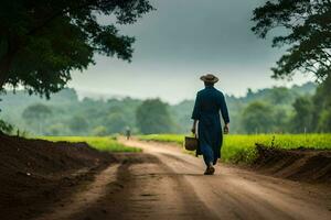 a woman in a blue dress walks down a dirt road. AI-Generated photo