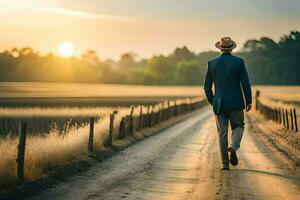 a man in a suit and hat walks down a dirt road. AI-Generated photo