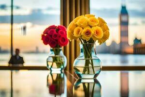 roses in vases on a table with a view of big ben. AI-Generated photo