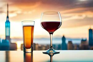 dos lentes de vino y un cerveza en un mesa con un ciudad horizonte en el antecedentes. generado por ai foto