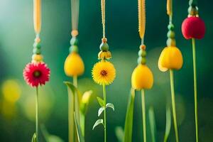 colorful flowers hanging from strings in the grass. AI-Generated photo