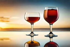 two glasses of wine on a table with the sun setting behind them. AI-Generated photo