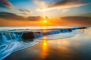 un hermosa puesta de sol terminado el Oceano con olas estrellarse dentro el costa. generado por ai foto