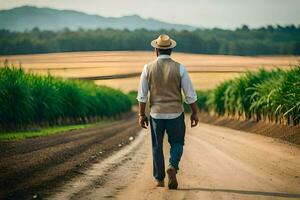 a man walking down a dirt road in front of a sugar cane field. AI-Generated photo