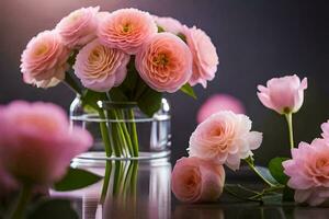 pink roses in a vase on a table. AI-Generated photo