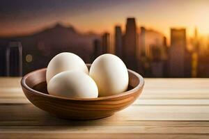 eggs in a bowl on a table with cityscape in the background. AI-Generated photo