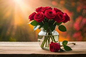 rojo rosas en un florero en un mesa con luz de sol. generado por ai foto