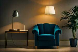a blue chair and lamp in a room. AI-Generated photo