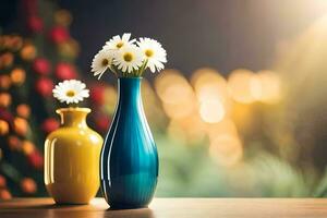 two vases with daisies on a table. AI-Generated photo