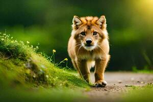 un joven león caminando en un camino en el bosque. generado por ai foto