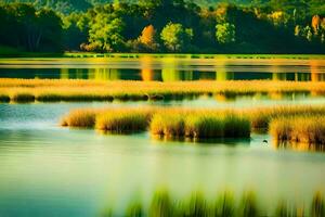 a lake with reeds and trees in the foreground. AI-Generated photo
