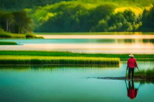 a man in a red jacket stands on the shore of a lake. AI-Generated photo