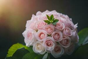 a bouquet of pink roses with green leaves. AI-Generated photo