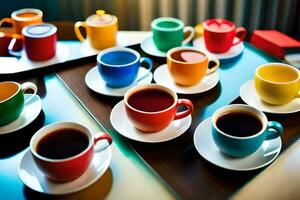 many different colored cups of coffee sit on a table. AI-Generated photo