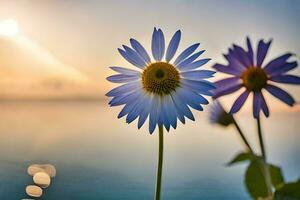 two blue and purple flowers are standing in front of the water. AI-Generated photo