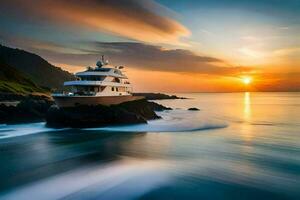 a yacht is docked on the rocks at sunset. AI-Generated photo