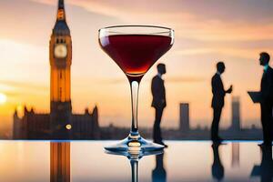 a glass of wine with a view of the big ben clock tower. AI-Generated photo
