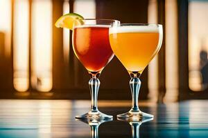 two glasses of different drinks on a table. AI-Generated photo