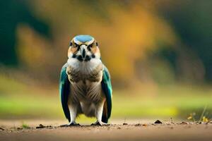 un pájaro con un azul y verde cabeza en pie en el suelo. generado por ai foto