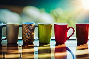 un fila de vistoso café tazas forrado arriba en un mesa. generado por ai foto