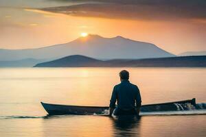 a man in a boat on the water at sunset. AI-Generated photo