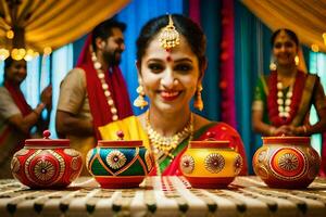 a woman in traditional indian attire is smiling at the camera. AI-Generated photo