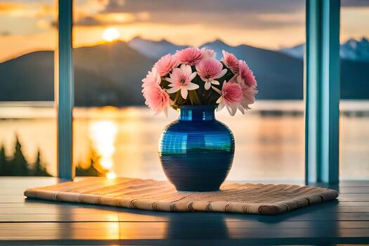 a vase with flowers on a table in front of a window. AI-Generated photo