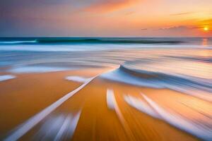 un largo exposición fotografía de olas en el playa. generado por ai foto