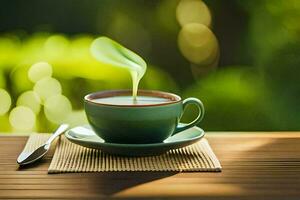 a cup of tea with a green leaf. AI-Generated photo
