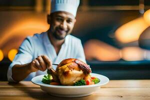 cocinero participación un plato de asado pollo. generado por ai foto