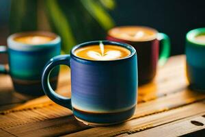 a group of colorful coffee mugs with a candle in them. AI-Generated photo