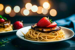 spaghetti with strawberries and a sauce on a plate. AI-Generated photo