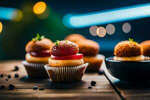mini cupcakes with strawberries on top of them. AI-Generated photo