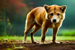 un perro es en pie en el suelo en el bosque. generado por ai foto