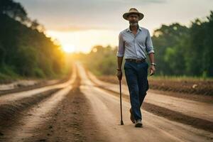 un hombre caminando en un suciedad la carretera con un caña. generado por ai foto