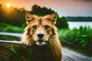 un león es sentado en un de madera cerca a puesta de sol. generado por ai foto