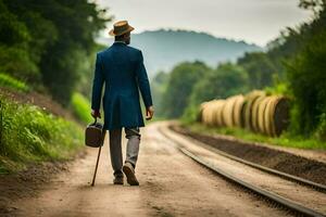 a man in a suit and hat walking down a railroad track. AI-Generated photo