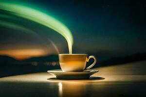a cup of coffee with a green light coming out of it. AI-Generated photo