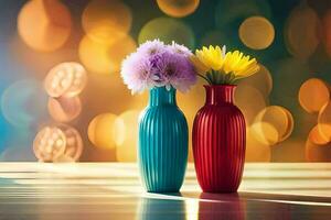 two colorful vases with flowers on a table. AI-Generated photo