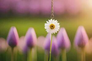 a single daisy is hanging from a chain in front of purple tulips. AI-Generated photo