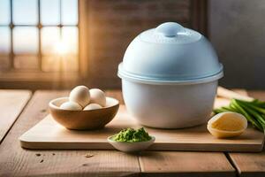 an egg cooker, eggs and a bowl of green peas. AI-Generated photo