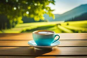 café en un de madera mesa en el Mañana. generado por ai foto