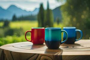 Tres vistoso café tazas en un mesa. generado por ai foto