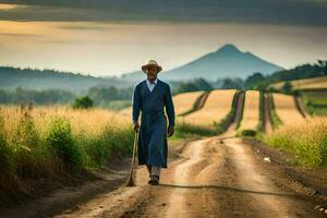 a man in a blue robe walks down a dirt road. AI-Generated photo